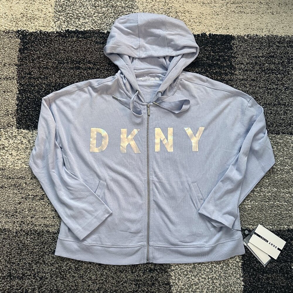 DKNY SPORT (L) Light Blue Periwinkle Iridescent Logo Zip Hoodie Sweatshirt